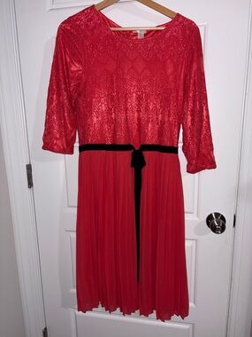 DownEast Red Lace & Pleated Midi Dress with Black Tie